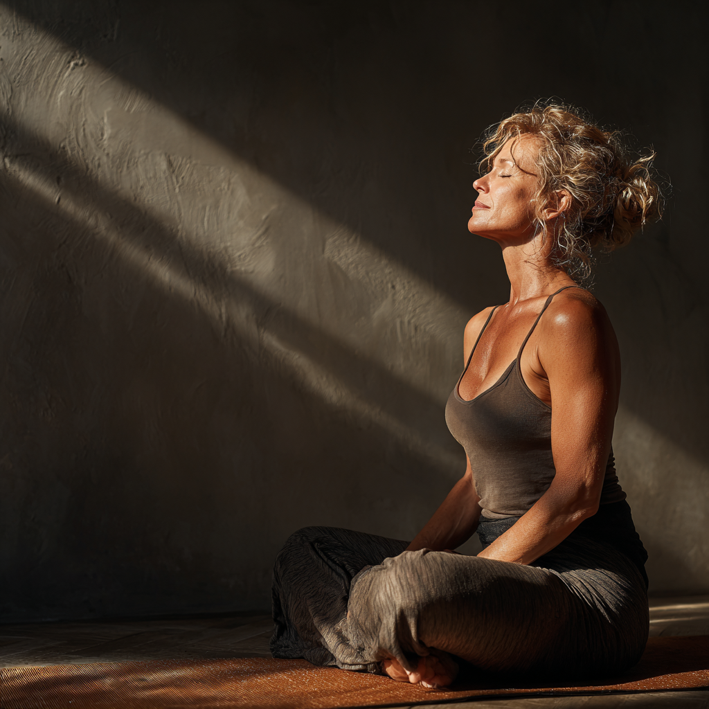 Middle-aged woman in comfortable yoga pose sitting peacefully on yoga mat in natural light studio setting
