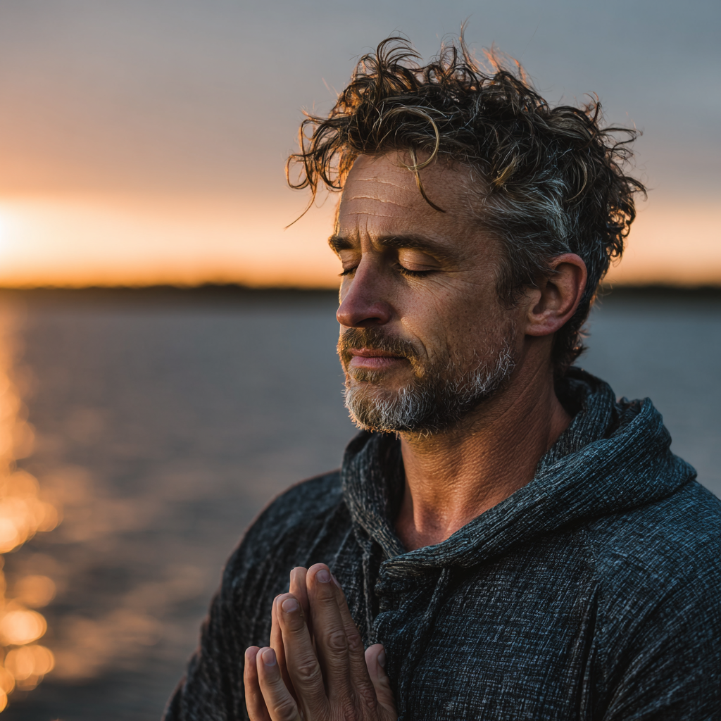 Peaceful man in his forties practicing yoga meditation pose outdoors in serene natural environment